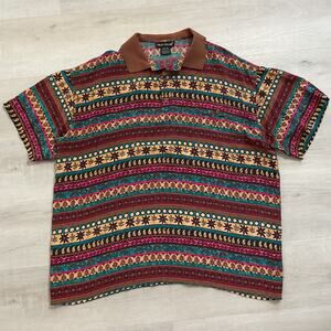 VTG Silk Club Pure Silk Polo Geometric Floral Print 70s Large